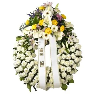 Ir al producto: Corona funeraria de claveles blancos y rosas amarillas
