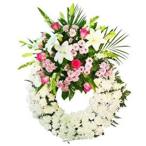 Ir al producto: Corona funeraria de claveles blancos y rosas