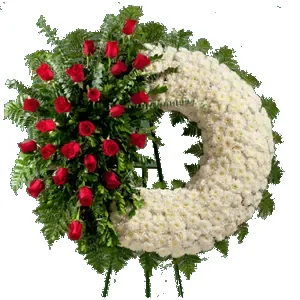 Ir al producto: Corona funeraria de crisantemo blanco y rosa roja