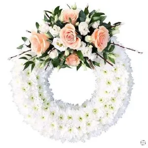 Ir al producto: Corona funeraria de crisantemo rosas y lisianthus