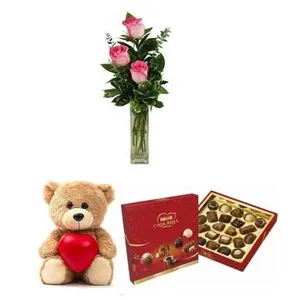 Ir al producto: 3 rosas rosadas con bombones y osito de peluche