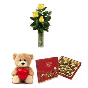 Ir al producto: 3 rosas amarillas con bombones y osito de peluche