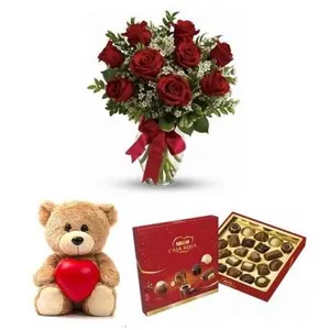 Ir al producto: Ramo de 10 rosas rojas con bombones y osito de peluche
