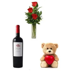 Ir al producto: 3 rosas rojas con vino y osito de peluche