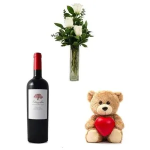 Ir al producto: 3 rosas blancas con vino y osito de peluche