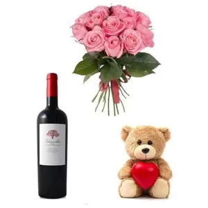 Ir al producto: Ramo de 10 rosas rosadas con vino y osito de peluche