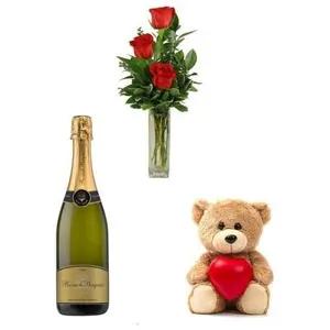 Ir al producto: 3 rosas rojas con cava y osito de peluche