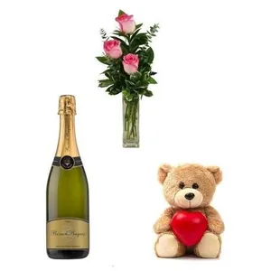 Ir al producto: 3 rosas rosadas con cava y osito de peluche