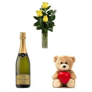Ir al producto: 3 rosas amarillas con cava y osito de peluche