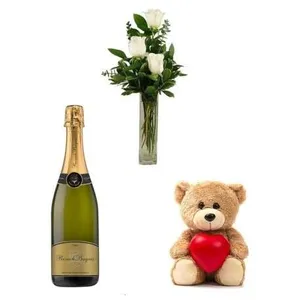 Ir al producto: 3 rosas blancas con cava y osito de peluche
