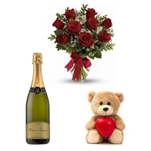 Ir al producto: Ramo de 10 rosas rojas con cava y osito de peluche