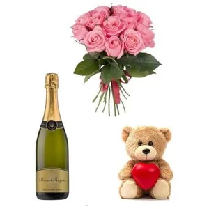 Ir al producto: Ramo de 10 rosas rosadas con cava y osito de peluche