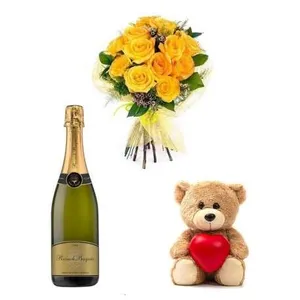 Ir al producto: Ramo de 10 rosas amarillas con cava y osito de peluche