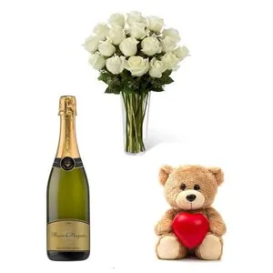 Ir al producto: Ramo de 10 rosas blancas con cava y osito de peluche