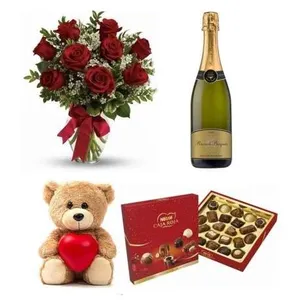 Ir al producto: Ramo de 10 rosas rojas con osito cava y bombones